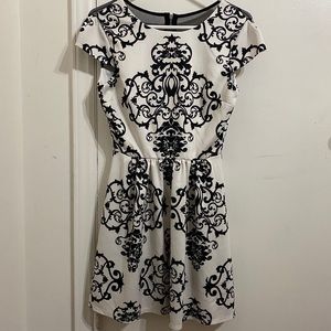 White Mesh Back Lace Print Fit and Flare Dress